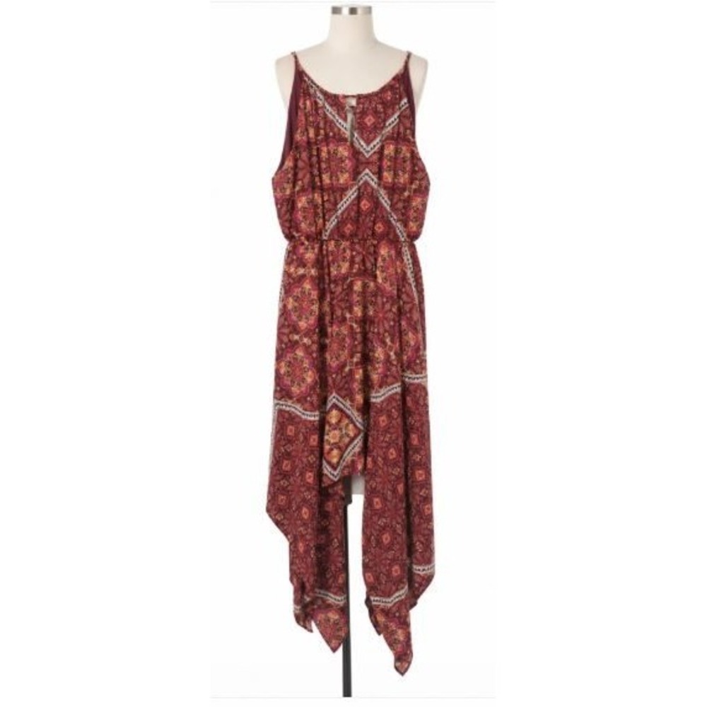 My Michelle Size XL Handkerchief Hem Dress Womens Burgundy Boho Medallion